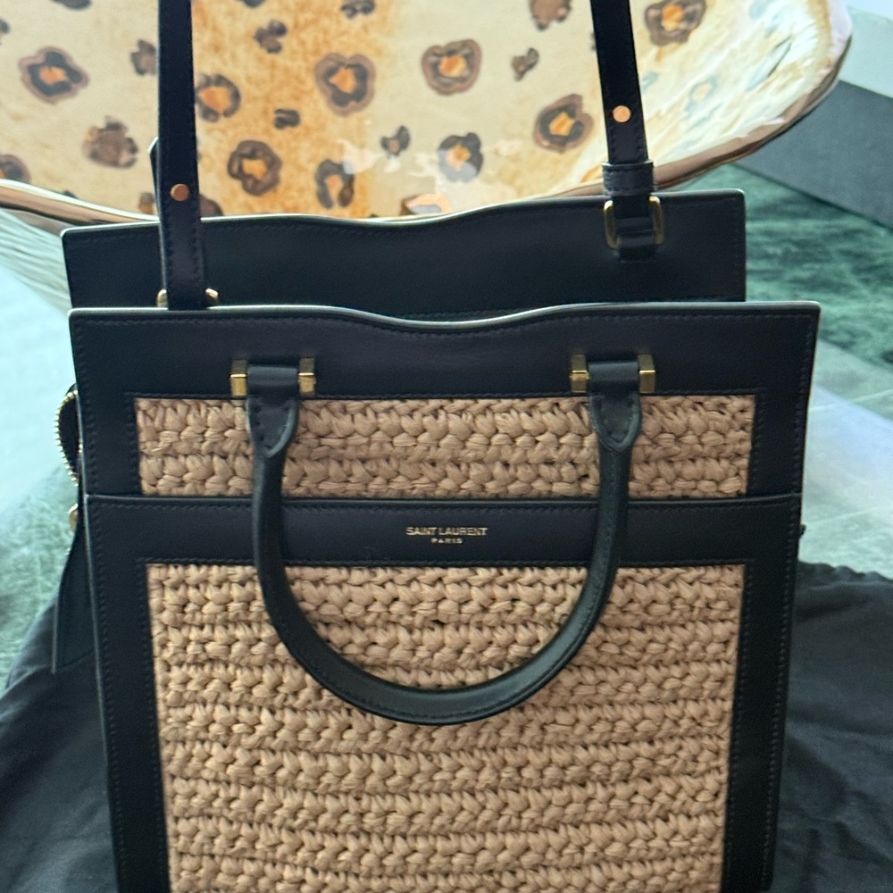 Saint Laurent woven raffia  and black calfskin leather handbag NWOT - Picture 6 of 10